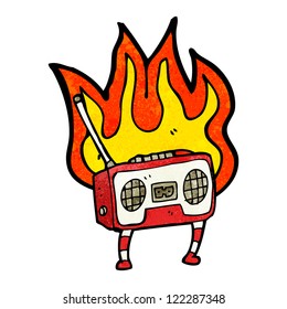 cartoon old cassette player on fire