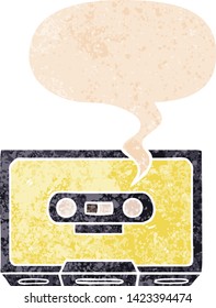 cartoon old cassette tape with speech bubble in grunge distressed retro textured style