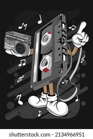 cartoon old cassette t  shirt design illustration