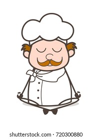 Cartoon Old Chef Doing Meditation Vector Illustration