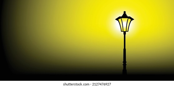 Cartoon old and classic street lamp or City street lantern. Yellow street light. Evening, dark, shining silhouette lamppost lights. Bulb, spotlight idea.