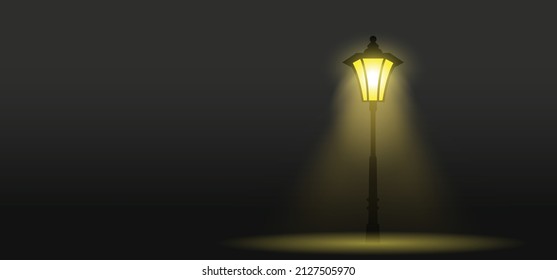 Cartoon old and classic street lamp or City street lantern. Yellow street light. Evening, dark, shining silhouette lamppost lights. Bulb, spotlight idea. Spotlights or spotlight.