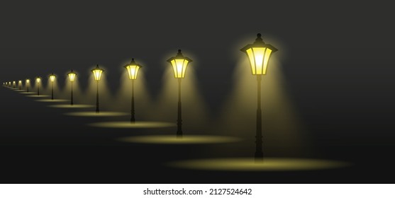 Caricatura antigua y clásica lámpara de calle o farol urbano. Luz de calle amarilla. Luces de farolas de silueta oscura por la noche