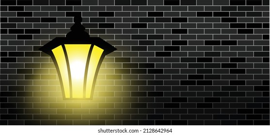 Cartoon old and classic street lamp or City street lantern. Yellow street light. Evening, dark silhouette lamppost lights. stone, brick, wall sign. Urban home.
