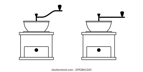 Molinillo de café viejo de la historieta o molino de café. Máquina de amolar de tamaño. Para frijoles tostados. Granos de grano de café molido, tamaño gráfico granos. Para taza o taza. Para cafetera. Tamaño Grinding barra de progreso, carga.