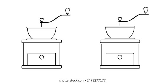 Molinillo de café viejo de la historieta o molino de café. Máquina de amolar de tamaño. Para frijoles tostados. Granos de grano de café molido, tamaño gráfico granos. Para taza o taza. Para cafetera. Tamaño Grinding barra de progreso, carga.