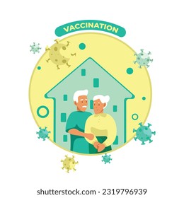 Cartoon old couple after getting vaccine shots. Comprehensive family immunization. Human clinical trials vaccination shots. Protection from pandemic. Vector