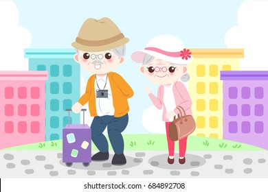 cartoon old couple go to travel happily