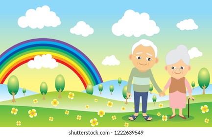 cartoon old couple on hill and rainbow behind vector illustration landscape