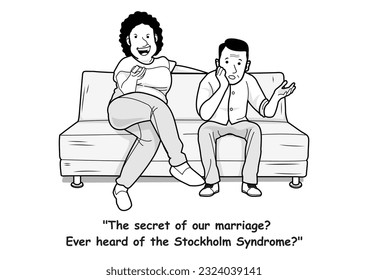 Cartoon of Old couple (small man en big dominant woman) are sitting on the couch
