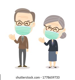 Cartoon Old Couple wearing Face Mask Character