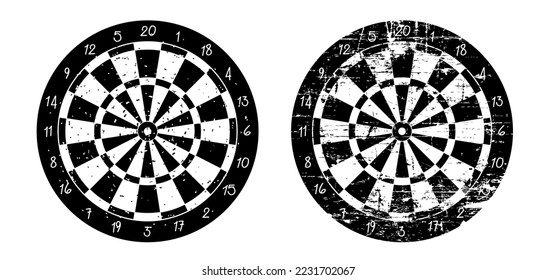 Cartoon old dart board scoring symbol. Dartboard icon. color, twenty, black and white game board, darts game. Target competition. Sports equipment and arrows. Throw single, double, triple or bullseye