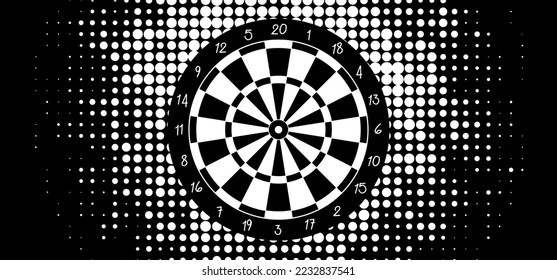 Cartoon old dart board scoring symbol. Dartboard icon. color, twenty, black and white game board, darts game. Target competition. Sports equipment and arrows. Throw single, double, triple or bullseye