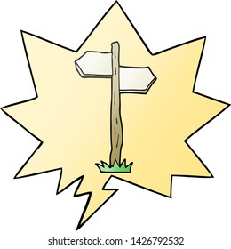 Cartoon-altes Richtungsschild mit Sprachblase in glattem Farbverlauf-Stil