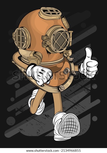 cartoon\
old diving helmet t-shirt design\
illustration\
