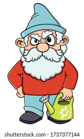 Cartoon old dwarf with a garden watering can in his hands.Vector on a white background. stock illustration