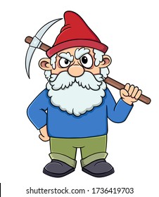 cartoon old dwarf with a pickaxe in his hands.vector isolated on white background. stock illustration