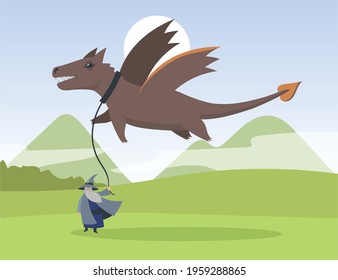 Cartoon old elf and flying dragon flat vector illustration. Tiny bearded sage holding giant dragon flying over him on leash in elven valley background. Computer game, fantasy, fairytale, elf concept