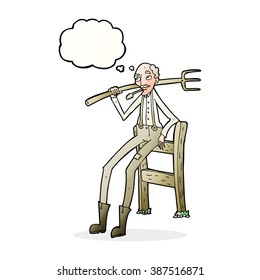 cartoon old farmer leaning on fence with thought bubble