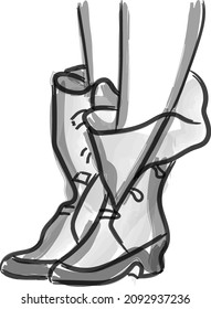 cartoon of old fashioned rain boots. Drawing of galoshes with buckles. Pair of rubbers.
