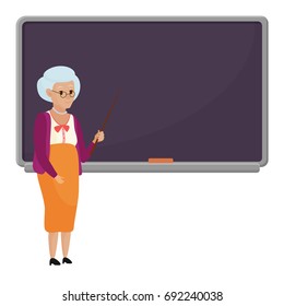 Cartoon old female teacher standing in front of blank school blackboard vector illustration. Granny teacher isolated.