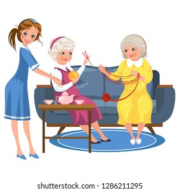 Cartoon old friends knitting sitting on sofa