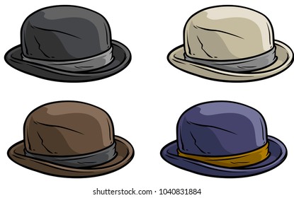 Cartoon old gentleman retro hat with ribbon. Vector icon set.