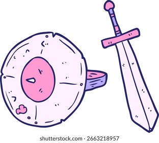 Cartoon alter Gladiator Schild und Schwert in heller Neonfarbe