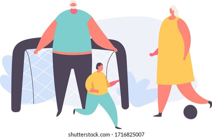 Cartoon old grandfather and grandmather spending time with grandson playing football outdoor isolated on white vector illustration. Concept of happy family time beetween grandparents and grandson