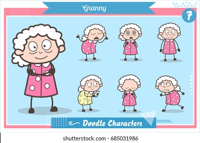 Cartoon Old Grandma Character Expressions and Actions Vector Set