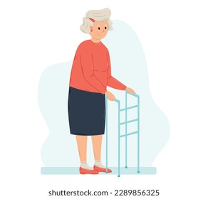 Cartoon Old Gray haired smiling Woman standing with Walkers. Isolated Vector Flat Grandmother, Disabled Facilities.