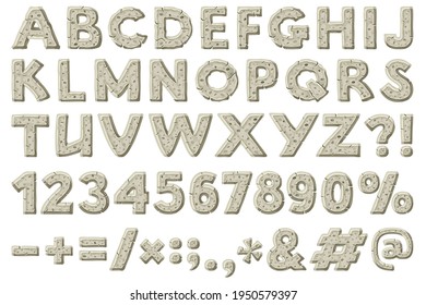 Cartoon old gray rock alphabet font, punctuation marks. Stone age character letters. Capital letters and numbers isolated on white background. Vector objects.