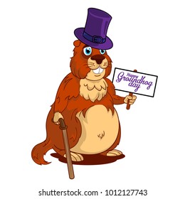 Cartoon Old Groundhog in a hat with cane and sign with text: Happy Groundhog Day. Vector illustration. Perfect for flyers, posters, vouchers, banners advertising design and other creative projects