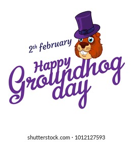 Cartoon Old Groundhog in hat and the inscription: 2 february. Happy Groundhog Day. Vector illustration. Perfect to use flyers, posters, vouchers, banners advertising design and other creative projects