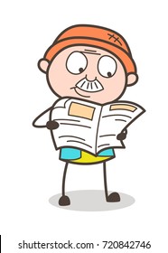 Cartoon Old Guy Reading Newspaper Vector Concept