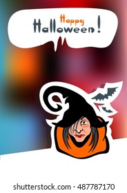 Cartoon old hag and bats on a bright background.