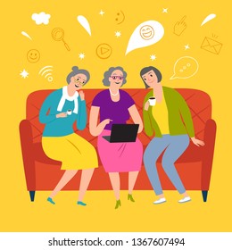 Cartoon old ladies on a sofa looking video on a laptop and laughing. Technologies and retired people illustration for your design. 