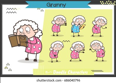 Cartoon Old Lady Characters Many Expressions and Poses Set Vector Illustration