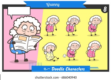 Cartoon Old Lady Face Expressions and Poses Vector Set