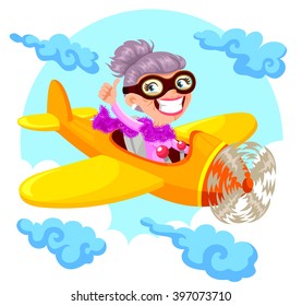 cartoon old lady flying an airplane
