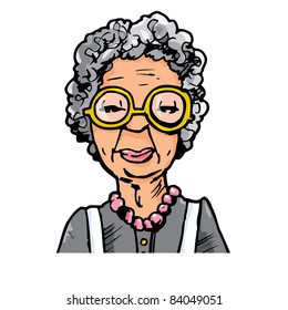 Cartoon of an old lady with glasses. Isolated on white