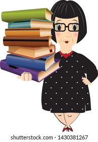 Cartoon of an old Lady Holding Books on one hand. Education Concept.