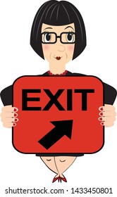 Cartoon of an old lady holding exit sign on white background