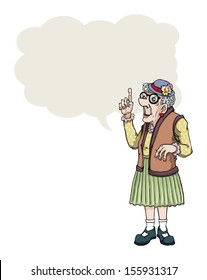 Cartoon old lady making a point, with speech bubble, vector illustration
