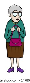 cartoon old lady with pink purse, vector illustration