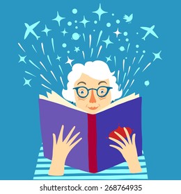 Cartoon Old Lady Reading Big Book. Vector Illustration.