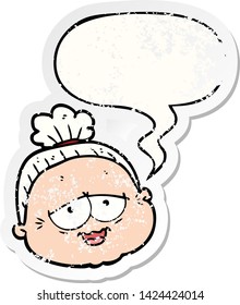 caricatura de una anciana con una burbuja de habla angustiada pegatina