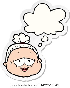 Cartoon Old Lady mit Denkblase als Druckaufkleber