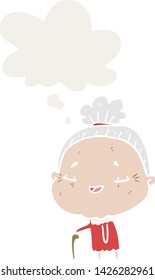 cartoon old lady with thought bubble in retro style