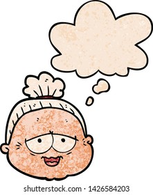 cartoon old lady with thought bubble in grunge texture style
